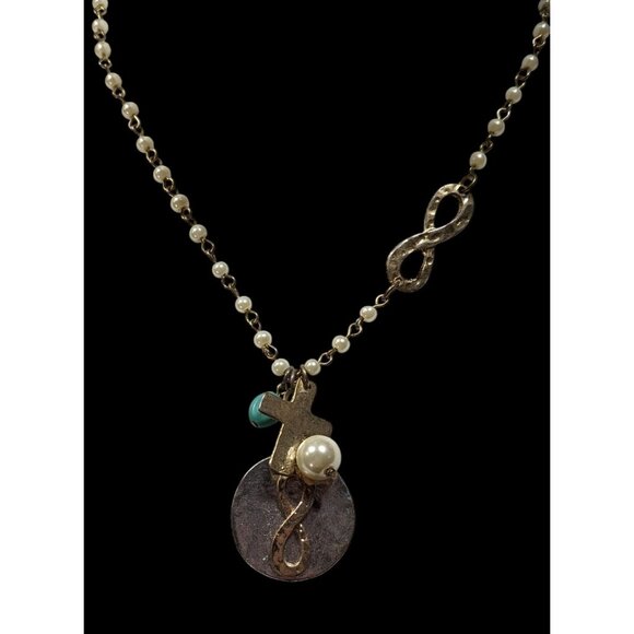 Elegant Religious Cross And Infinity Charm Necklace With Faux Pearl Accents - Picture 2 of 5